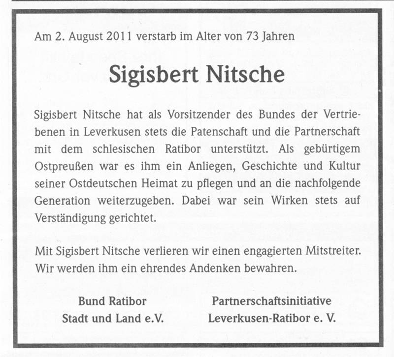 Sigisbert Nitsche, Todesanzeige